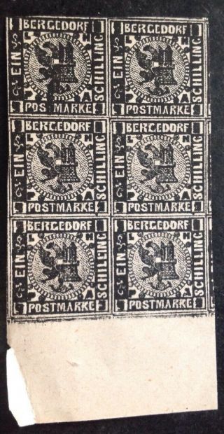 Bergedorf 1861 Block Of 6 1 Schilling Black Stamps Mnh
