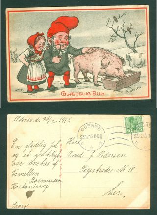 Denmark.  Christmas Card 1915.  Odense.  Artist: Henrik Larsen.  Santa,  Wife,  Hog.  Adr