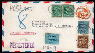 2438 Us To Chile Registered Air Mail Stationery Envelope 1940 Flint.  Mi - Sgo.