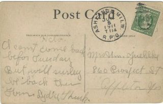 Rpo Railroad Post Office 1911 Ashland & Milwaukee Wi