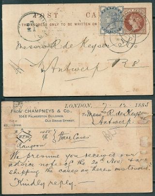 Gb Qv 1885 Uprated Postal Stationery Card London To Antwerp Belgium - Cag 160619