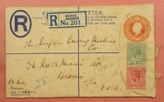 1934 Bahamas Uprated Registered Letter Stationery Nassau To Usa