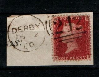 Great Britain Gb 1858 1879 1d One Penny Red Sg44 On Paper Derby Postmark