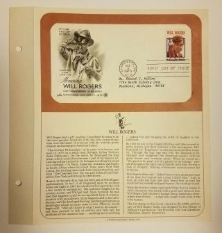 Us Postage Stamp 1979 - 11 - 04 Will Rogers Claremore Ok Postmark First Day Cover