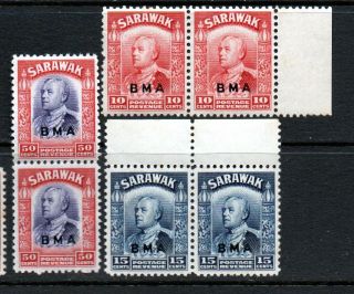 Sarawak 1945 Bma 10c,  15c & 50c Pairs