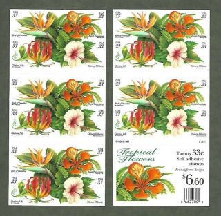 {bj Stamps} 3313b 33¢ Tropical Flowers.  Plate S32333 Pane Of 20.  1999