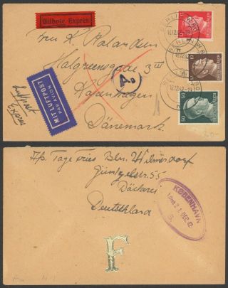 Germany Wwii 1942 - Air Mail Express Cover To Denmark - Censor 30512/4