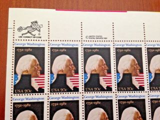 George Washington 20 Cent Postage Stamps,  1982,  Full Sheet (50),  1952 2