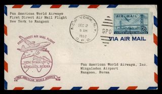 Dr Who 1952 York Ny To Burma First Flight Pan Am Air Mail C127930