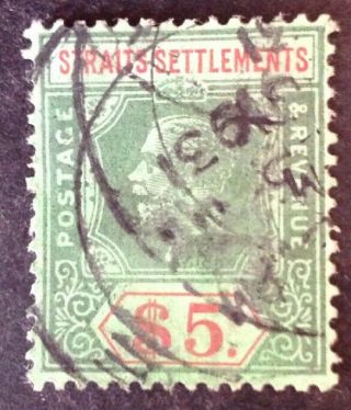 Straits Settlements 1912 - 23 $5.  00 Green & Red Green Stamp Vfu