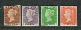 Great Britain Sc 1 M/nh/vf,  Set Of 4 Trial Color Proofs Penny Black Stamps