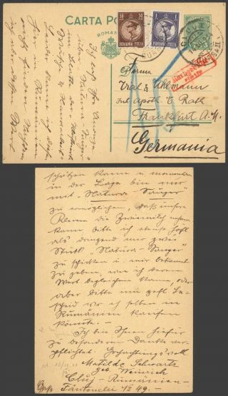 Romania 1934 - Postal Stationery To Frankfurt Germany - Postage Due 30240/18