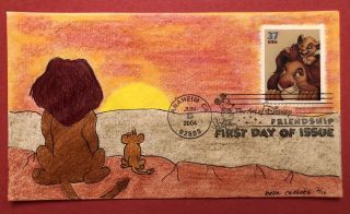 2004 Fdc First Day Cover Hand Painted Lion King Cachet Disney Bella /10
