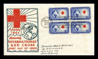Us Cover International Red Cross Block Of 4 Fdc C George Thermographed Cachet