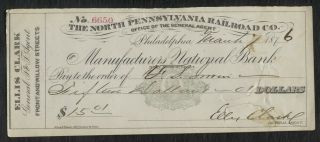 Rn - L3 Revenue Stamped Paper North Pennsylvania Railroad Co.  Check