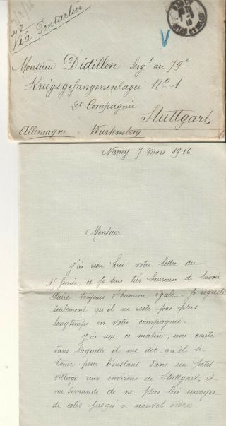 France 1916 Wwi Cover & Letter Nancy To Serg Didillon Pow Lager No 1 Stuttgart