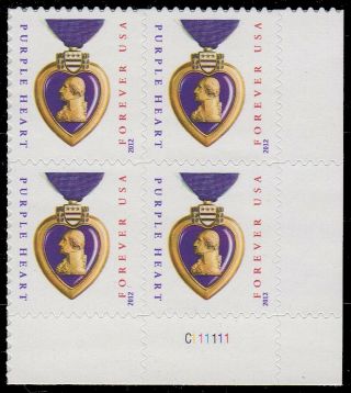 Usa Sc.  4704 (45c) Purple Heart 2012 Mnh Plate Block Reprint C111111