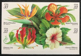 1999 Scott 3310 - 3313 33¢,  Tropical Flowers - Nh - Booklet Block Of Four