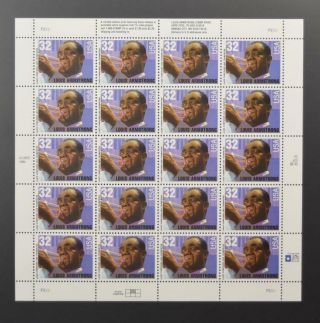 Us Scott 2982 Louis Armstrong Pane Of 20 Stamps 32 Cents Face Mnh