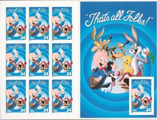 Us Stamp - 2001 Looney Tunes,  Porky Pig - 10 Stamp Sheet - Scott 3534