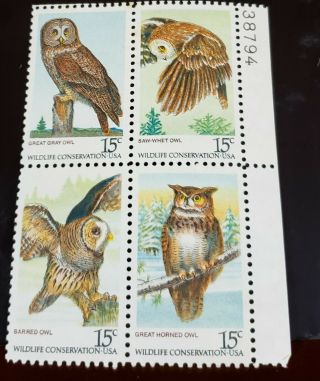 Us American Owls Scott 1760 Us Plate Block Of 4 - 15 Cent Stamps 1978 Mnh
