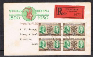 Southern Rhodesia 1950 Diamond Jubilee 2d Block On Fdc [large Plumtree R/label]