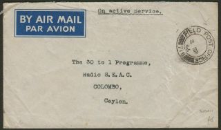 Gb Army Field Post Office 718 1946 Unstamped Cover Khartoum,  Sudan To Ceylon