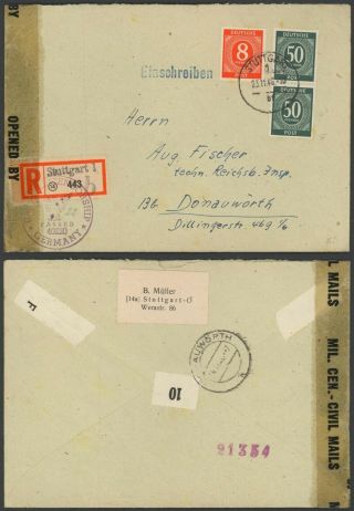 Germany 1946 - Registered Cover Stuttgart - Censor 37171/8