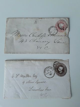 2 Vintage Qv Envelopes With Red And Brown 1d Embossed Stamps.  London 1875 & 76.