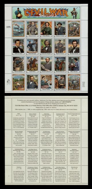 Usa 1995 Civil War Complete 20 Stamp Sheet Mnh Sg3059 - 3078 Sgcv £32.  00 (m24b)