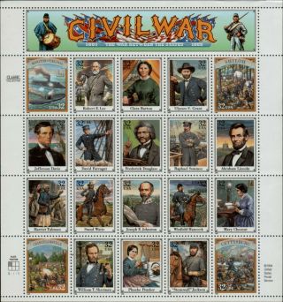 USA 1995 Civil War Complete 20 Stamp Sheet MNH SG3059 - 3078 SGCV £32.  00 (M24B) 2