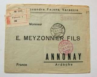 1912 Imperial Russia Registered Cover From Warsaw To Annonay France