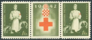 Croatia,  1942,  Wwii,  Red Cross,  Tax Value,  Row With Label In The Middle