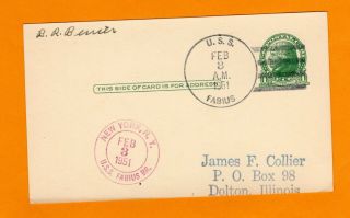 1951 1c Franklin,  Uss Fabius,  2/3/51 Hawaii Sticker On Back Post Card