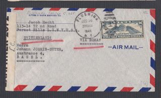 Usa 1941 Wwii Censored Airmail Cover Flushing York To Basel Switzerland