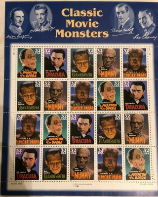 Us Postal Service 32 Cents Classic Movie Monsters Stamps 1996 Full Sheet Of 20