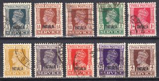 India Patiala 1940 - 45 Kgvi Official Service Set To 4a Value Scott O63 - O72