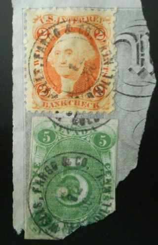 U.  S.  2c Bank Check & Nevada Imperf Revenue W/1866 Wells Fargo Cancel On Piece