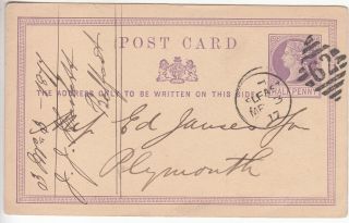 Gb: Qv Half Penny Postcard; Belfast To Plymouth,  With " 62 " Cancel,  3 March 1877