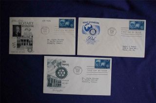 Rotary International 8c Stamp 3 Fdcs Farnum Artmaster & Fleetwood Sc 1066 02967