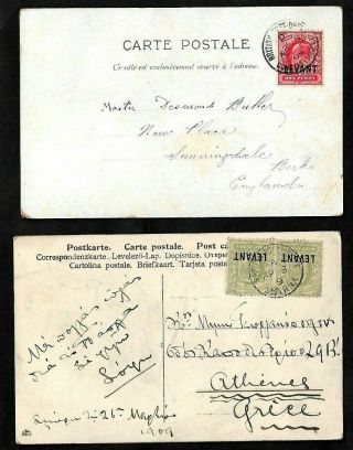 Turkey,  Great Britain,  Greece: Two Postcards Posted From Smyrne British P.  O.