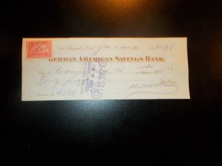Old Check - German American Savings Bank - Los Angeles California - 10/10/1899