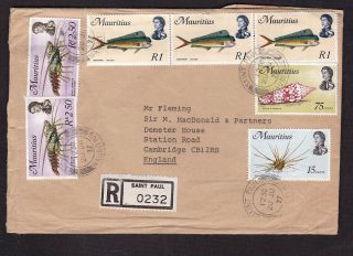 Mauritius 1977 Registered Cover To England With St.  Paul Cancel Bird Stamps
