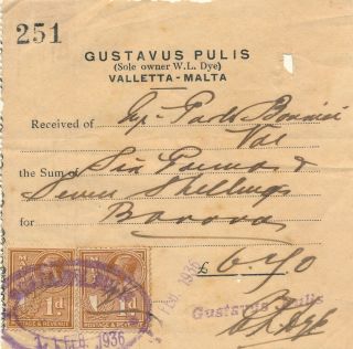 Malta 1936,  Receipt Small Document With Postage Stamps As Revenues.  B890