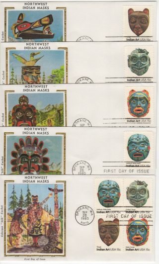 Sss: 5 Pcs Colorano Silk Fdc 1980 15c Pacific Northwest Indian Mask Sc 1834 - 37