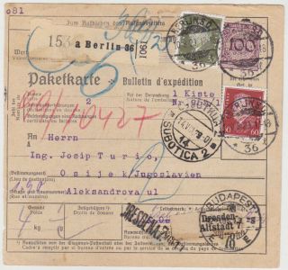 Germany Dr 1929 (10.  8. ) Parcel Card Franking Berlin To Osijek (croatia,  Jugoslav. )