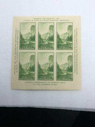 Us Stamp Scott 751,  Souvenir Sheet 1934 Yosemite 1c Nh Og