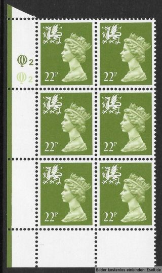 Gb/wales 1971/98 22p Plate Block,  Sg Xwl38/w55,  Plate 2,  2.  Mnh
