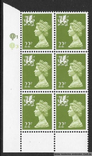 Gb/wales 1971/98 22p Plate Block,  Sg Xwl38/w55,  Plate 1,  3.  Mnh