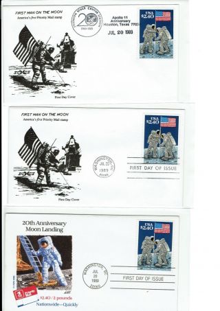 2419 $2.  40 Stamp Priority 3 Fdcs Apollo 11 Moon Landing 7/20/1989 Anniv Space